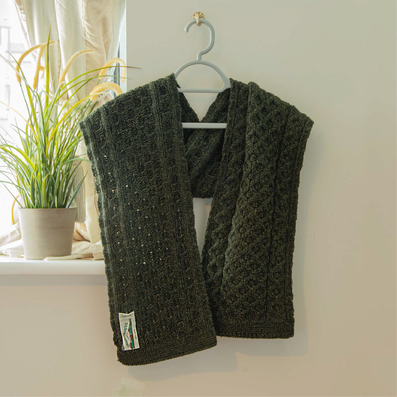 100% Merino Wool Aran Crafts Honeycomb Scarf Army Green 64